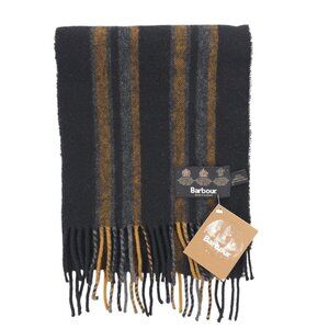 NEW BARBOUR 100% Lambswool Scarf Vertical Stripe Black Grey Gold Fringe